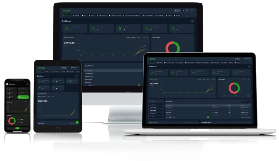 GatNex dashboard on phone, tablet, and desktop showing projects, expenses, and revenue